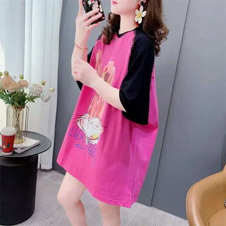 宽松慵懒风短袖T恤女夏季新款韩版卡通印花洋气减龄网红拼色上衣商品大图