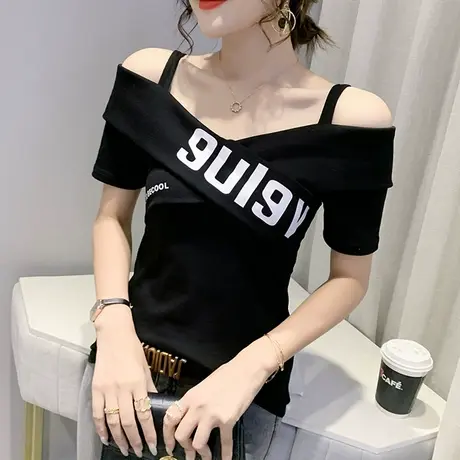 性感一字领吊带T恤女短袖2023夏装新款露肩洋气上衣紧身百搭小衫商品大图