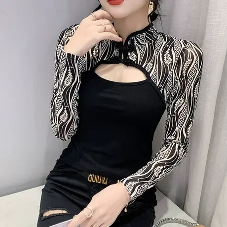 2023春秋新款复古盘扣长袖T恤女性感镂空网纱拼接上衣紧身打底衫商品大图