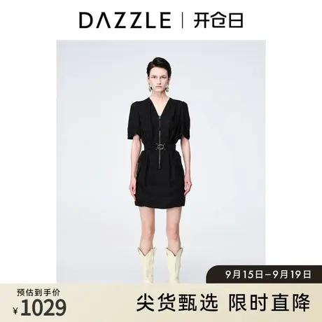 DAZZLE地素奥莱 春季简约黑色工装风短袖拉链设计V领连衣裙女图片
