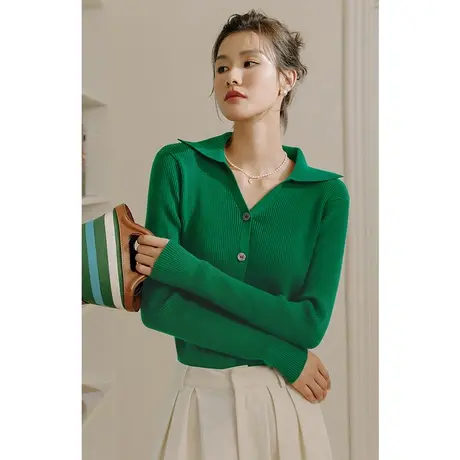 弥古绿色翻领针织衫女上衣小众设计感秋季法式别致小衫高级感女装商品大图