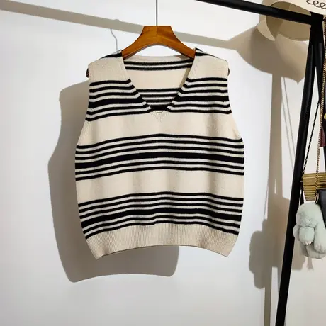 条纹撞色针织马甲女2023早秋季新款宽松v领无袖坎肩毛衣背心外穿商品大图