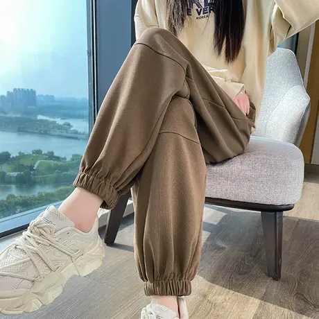 咖色运动裤女春秋季2023新款小个子高腰休闲宽松束脚九分灯笼卫裤商品大图