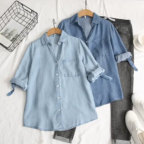天丝中袖牛仔衬衫女宽松显瘦V领防晒衬衣短款夏季长袖披肩上衣薄图片