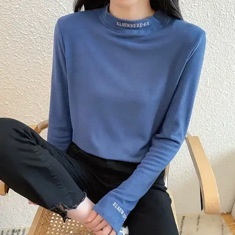 2023秋冬新款韩版字母圆领打底衫复古港风内搭黑色长袖T恤女上衣图片