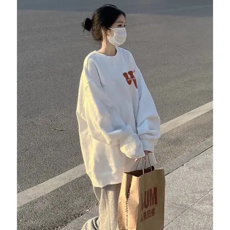 奶甜艺术生卫衣女落肩小个子2022年春秋薄款oversize圆领长袖上衣商品大图