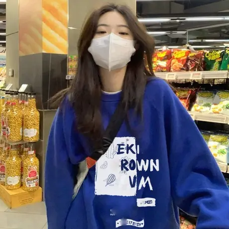 克莱因蓝圆领卫衣女加绒秋冬加厚小个子oversize潮牌宽松套头上衣图片