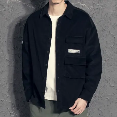 奕飏多口袋灯芯绒男士休闲衬衫男韩版潮流帅气长袖黑色衬衣上衣图片