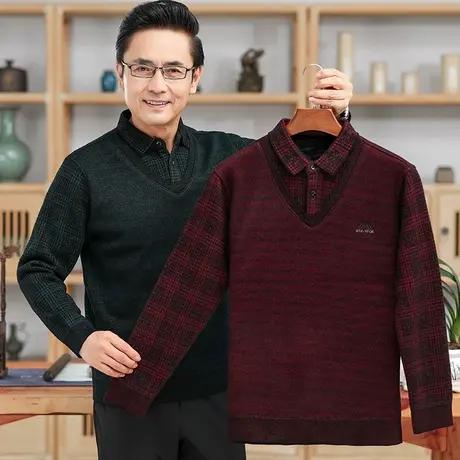 爸爸毛衣加绒加厚冬季保暖款中老年人男士针织打底衬衫领假两件套商品大图