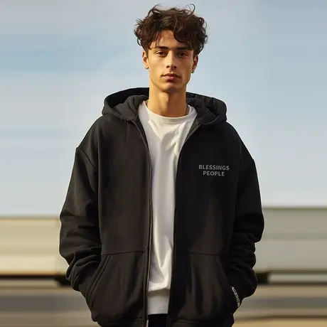 2023新款黑色加肥加大码男装连帽胖子外套拉链卫衣宽松休闲春秋季图片