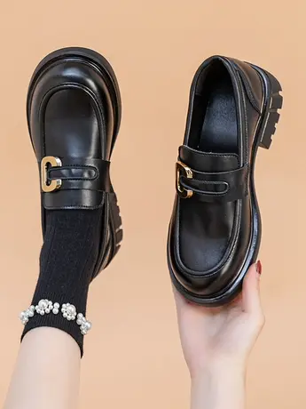 乐福鞋女2023春秋新款一脚蹬厚底日系jk小皮鞋英伦风黑色粗跟单鞋商品大图