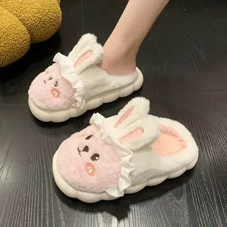 棉拖鞋女冬季可爱卡通室内厚底保暖防滑家用加绒兔子软底月子包跟商品大图