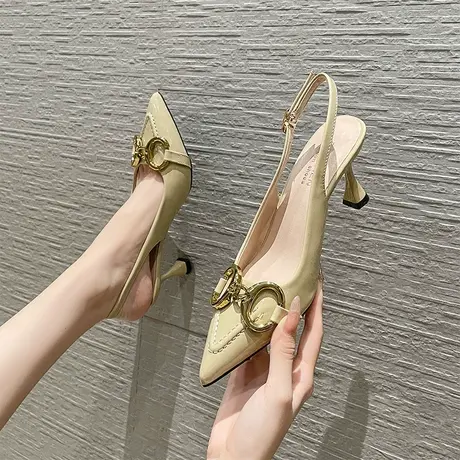 法式少女金属圆扣高跟鞋女细跟2022年夏季新款气质尖头一字带凉鞋图片
