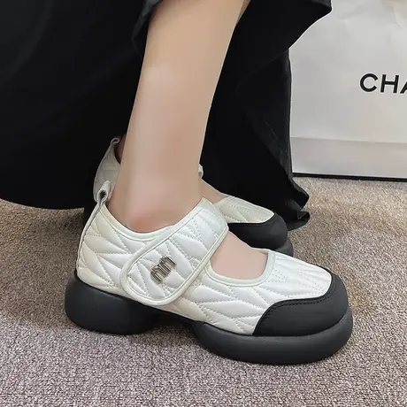 法式玛丽珍鞋女2023夏秋新款踩屎感小香厚底小皮鞋魔术贴浅口单鞋图片