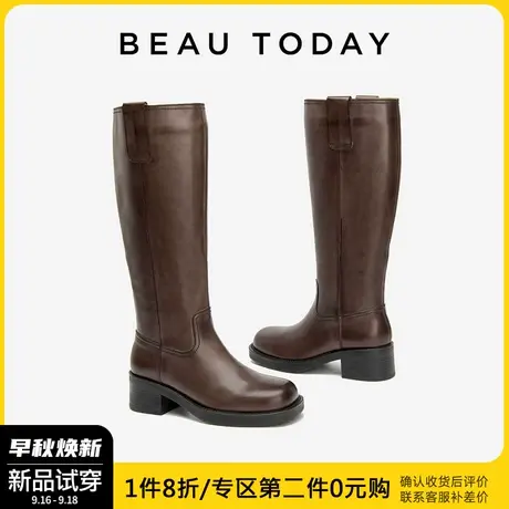 BeauToday秋季长筒靴女2023新款棕色皮靴女长靴复古骑士靴女高筒商品大图