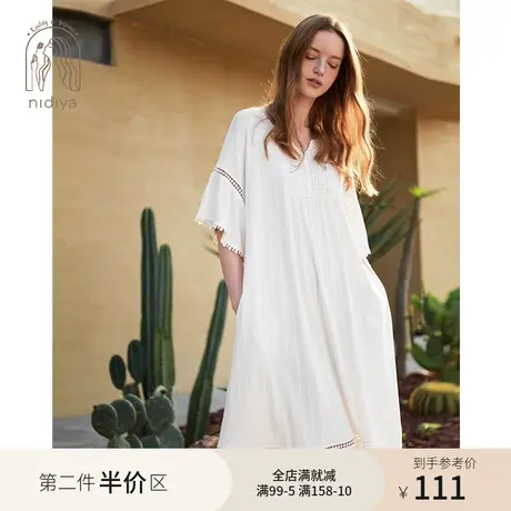 妮狄娅新款睡衣睡裙女夏季白色短袖大码简约纯色中长裙外穿家居服图片