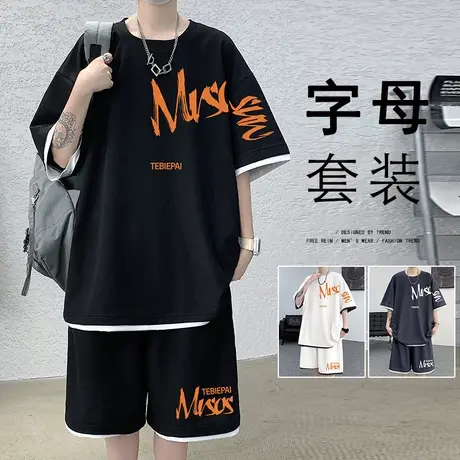 夏季运动休闲男生短袖套装潮流薄款宽松短裤家居服港风潮牌两件套商品大图