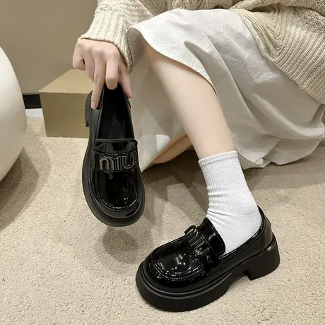 乐福鞋女2024年春秋季新款小个子厚底增高单鞋法式粗跟防滑小皮鞋商品大图