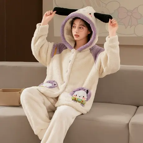 珊瑚绒睡衣女2023新款秋冬加绒加厚连帽冬天法兰绒冬季家居服套装商品大图