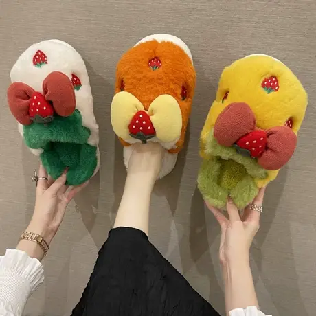 蝴蝶结棉拖鞋女士冬季保暖厚底室内家居毛毛绒可爱防滑月子可外穿商品大图