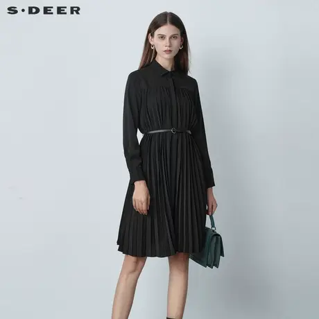 sdeer圣迪奥女装休闲风琴褶收腰通勤衬衫连衣裙S22161208图片
