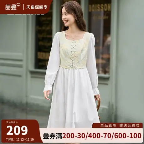 茵曼旗舰店法式方领连衣裙女2023秋冬新款气质收腰显瘦a字裙长裙图片