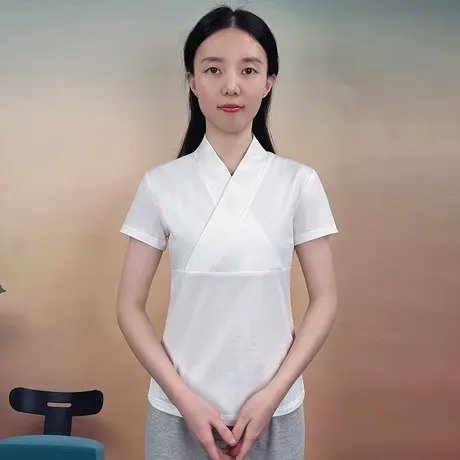 交领汉服内搭上衣女白色中衣改良短袖打底衫里衣内衬对襟半袖夏图片