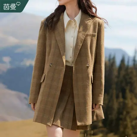 茵曼复古格纹夹棉小西装女2023秋冬新款时尚气质加厚毛呢大衣外套商品大图