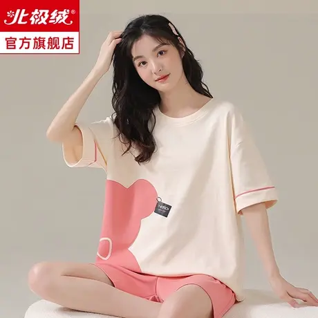睡衣女夏季2023年新款短袖大码纯色棉质可爱夏天女士家居服套装商品大图