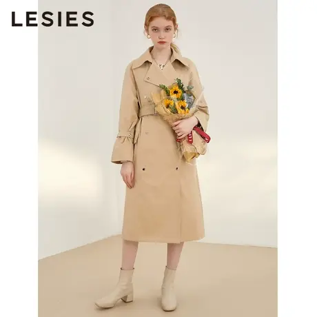 LESIES蓝色倾情2023春季新款长款欧式双排扣棉质长袖风衣外套女图片