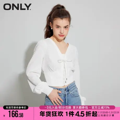 ONLY2023秋季新款休闲甜美气质泡泡袖收腰V领T恤女|123101149商品大图