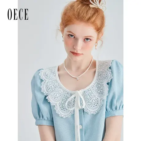 Oece设计感小众衬衫女2023夏季新款女装甜美短袖上衣图片