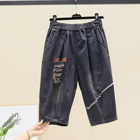复古破洞牛仔七分裤女 2023夏季新款灯笼裤大码百搭刺绣哈伦裤潮图片