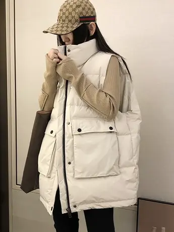 羽绒棉马甲女秋冬2023新款韩版ins宽松休闲大口袋中长款棉服外套商品大图