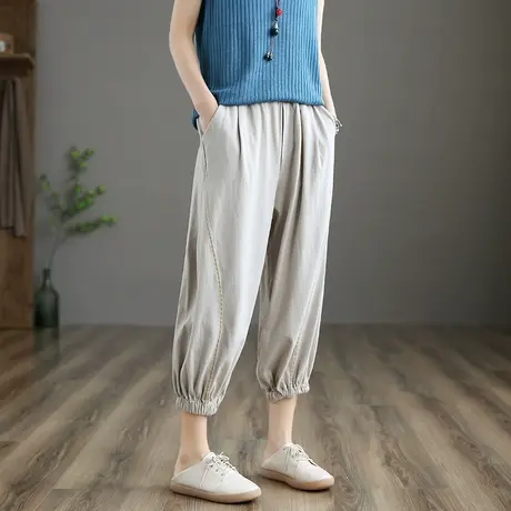 dza 文艺复古高腰显瘦休闲裤子女士灯笼裤新款春夏宽松黑色九分裤图片