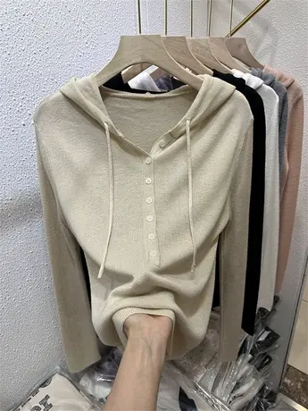 欧货抽绳连帽t恤女长袖2023秋季新款百搭羊毛针织内搭打底衫上衣图片