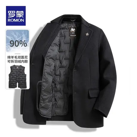 罗蒙羊毛双面呢子西服男士可拆羽绒内胆外套中年防寒保暖小西装男图片