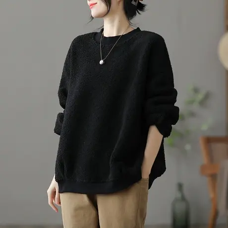 dza 文艺复古短款羊羔绒卫衣女士冬新款百搭加厚外套洋气显瘦上衣商品大图