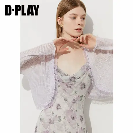 DPLAY【惠品】2025年夏季新款紫色针织开衫女蕾丝仿亚麻上衣长袖图片