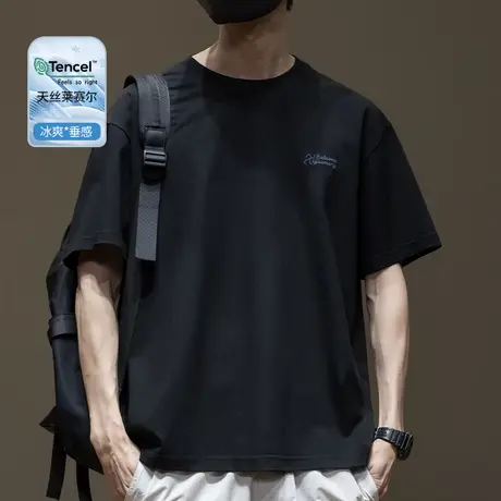 天丝莱赛尔凉感刺绣短袖T恤男2025夏季新款宽松大码男士半袖体恤商品大图