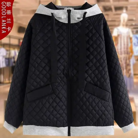 加大码中年妈妈冬装羽绒棉服女宽松洋气拼色连帽轻薄保暖棉衣外套图片