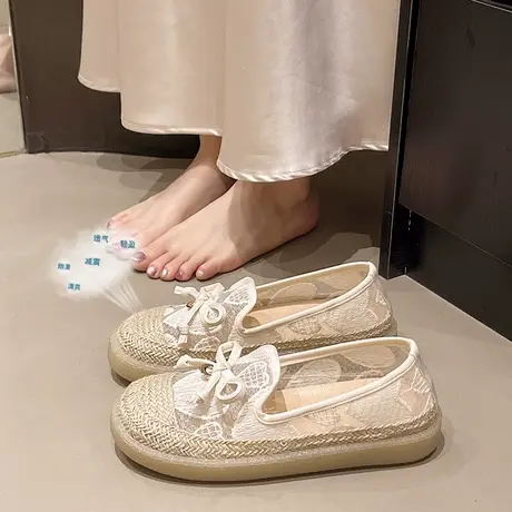 小香风蕾丝渔夫鞋女2025新款春夏透气网面孕妇单鞋一脚蹬懒人布鞋商品大图