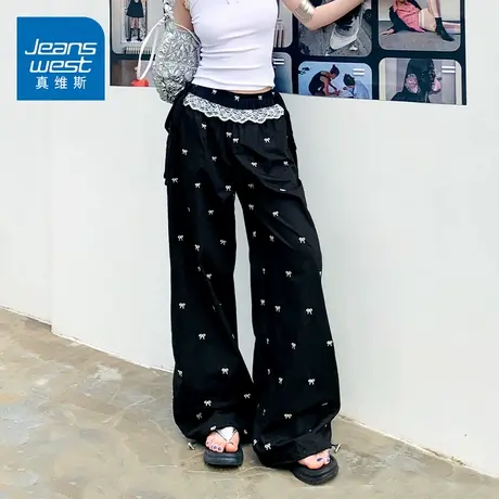 KZ真维斯蝴蝶结印花拖地休闲长裤子女阔腿宽松高腰复古美式春秋季商品大图