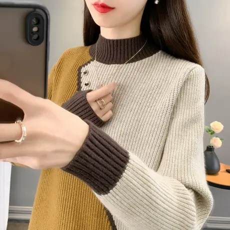 2023年秋冬新款拼色毛衣女爆款时尚洋气针织打底衫半高领加厚内搭商品大图