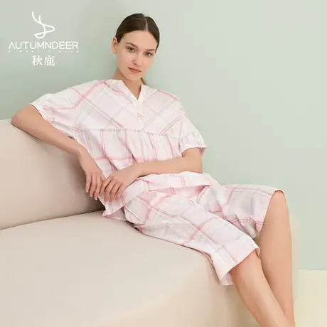 秋鹿【经典系】家居服v领短袖格子梭织纯棉睡衣女夏七分裤宽松薄商品大图