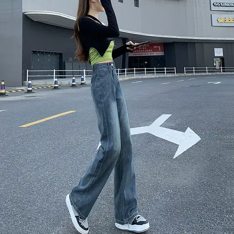 窄版阔腿牛仔裤女春装2023年新款高腰垂感显瘦裤子女春秋款直筒裤商品大图