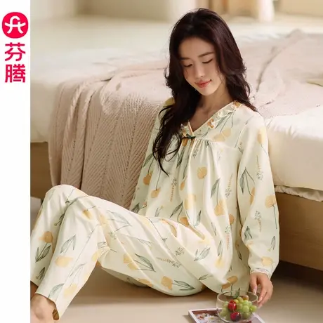 芬腾睡衣女新款纯棉长袖可外穿春秋款秋季休闲大码全棉家居服套装商品大图