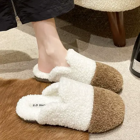 网红包头加绒毛毛拖鞋女秋冬2023新款外穿时尚平底羊羔毛保暖棉拖图片