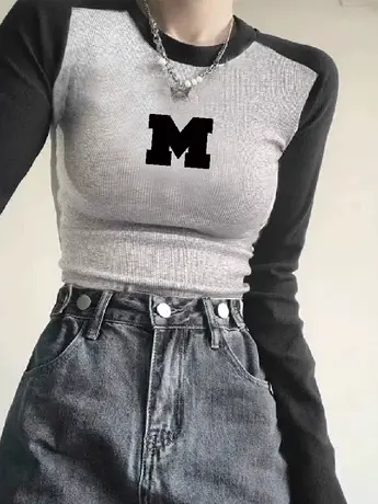 2023秋季新款打底衫字母插肩修身长袖T恤女ins潮辣妹休闲百搭上衣商品大图