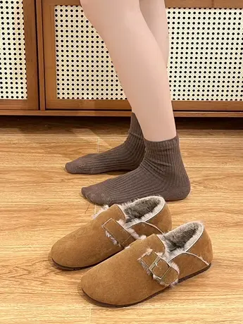 棉鞋女鞋20223年加绒复古皮面勃肯鞋软底懒人一脚蹬毛毛鞋女冬外商品大图